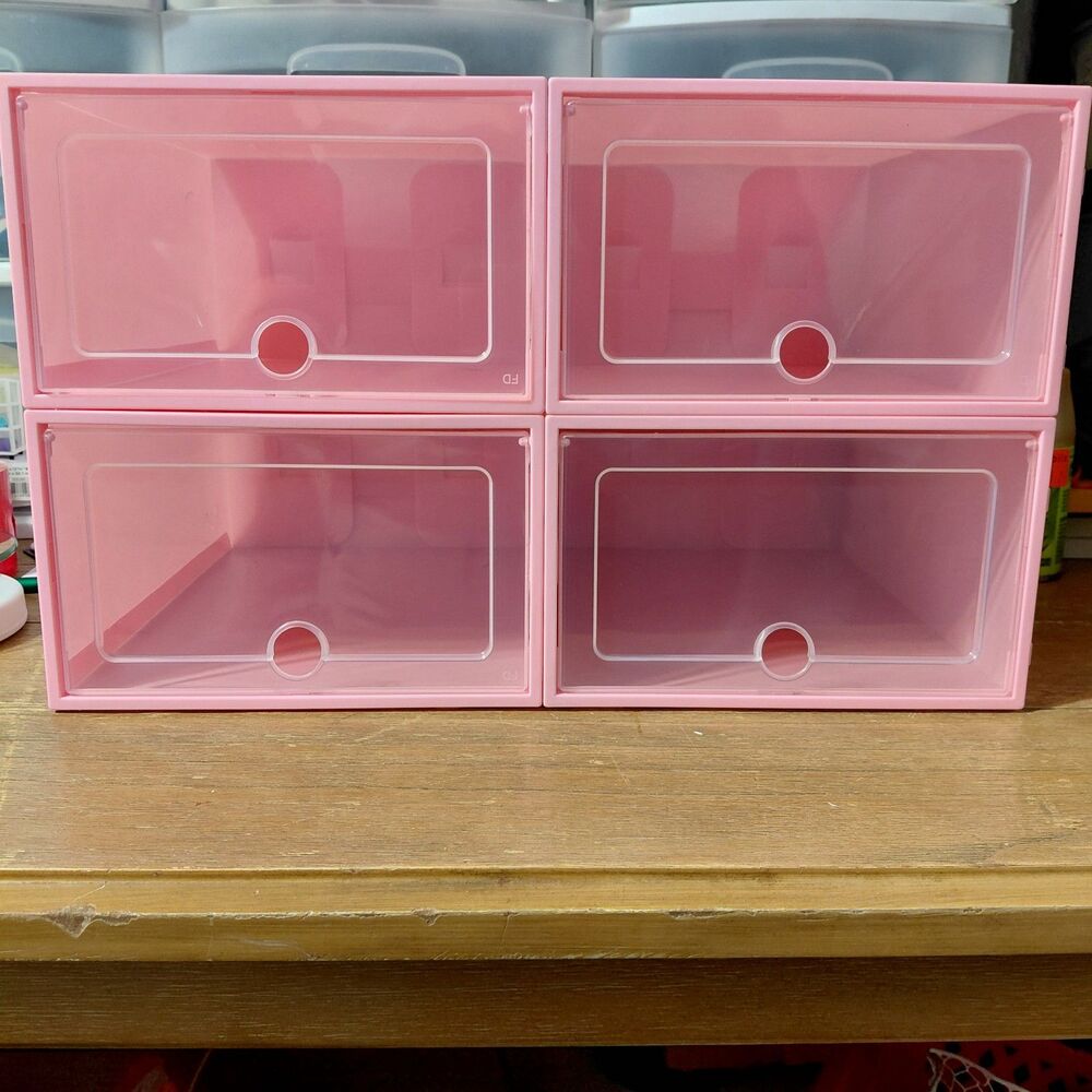 Set of 4 Pink Stackable Shoe Storage Boxes - Clear Front Drop-Front Organizers
